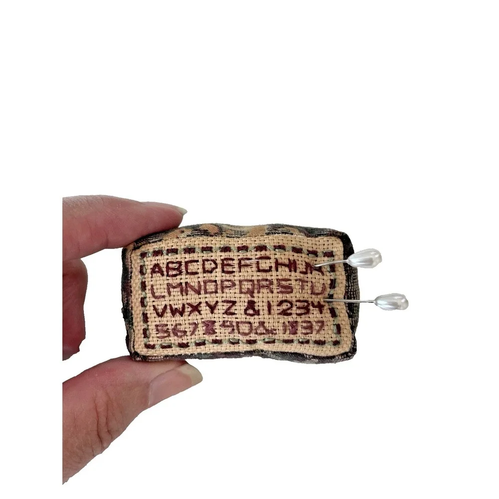 Vtg Handmade Cross Stitch Miniature Sampler Pin Cushion Letters Numbers 1.5x2.5